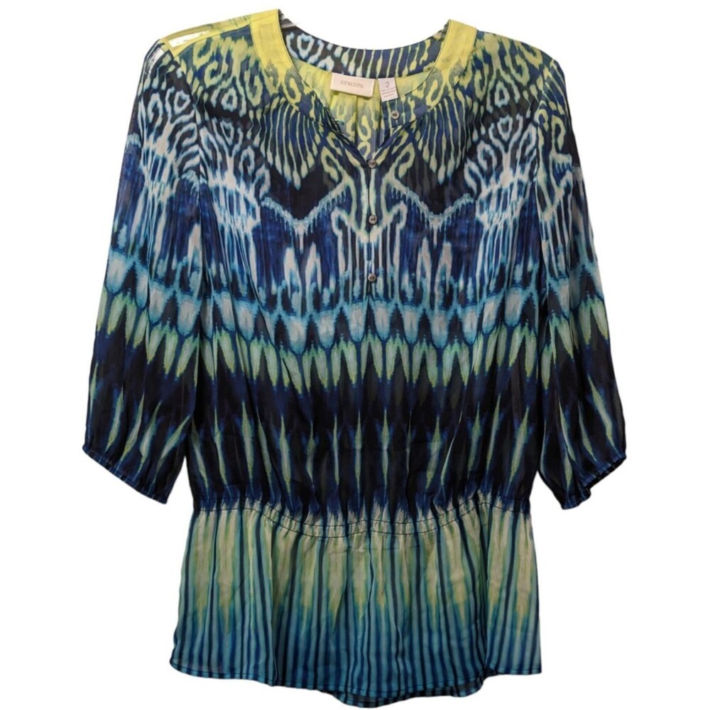 Chico's Size 2 Blue Green Ikat Print Sheer Blouse Women's Top